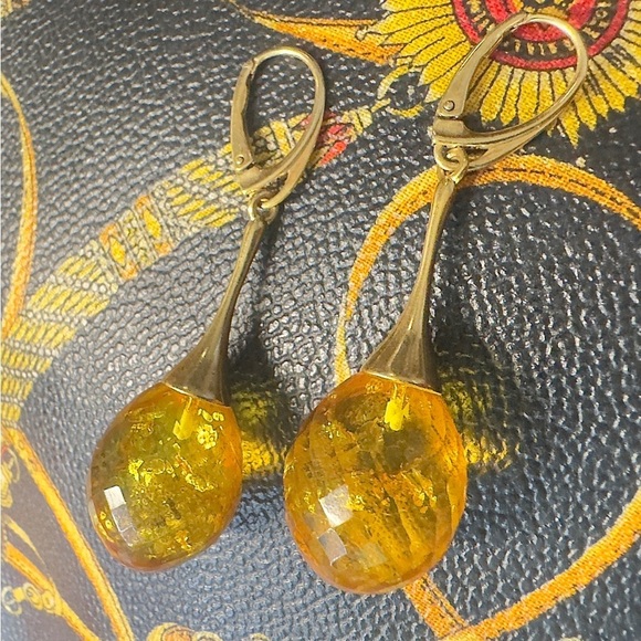Genuine Faceted Honey Amber Gold/Sterling Dangle Earrings - Picture 3 of 13